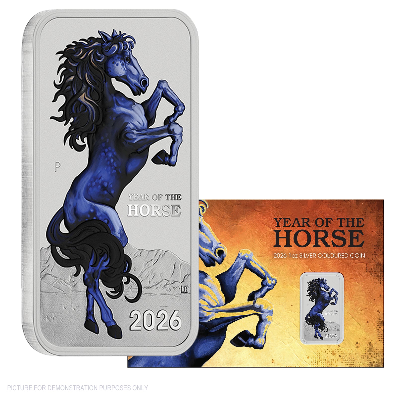 2026 Perth Mint 1oz Silver Bullion Coloured Minted Rectangular Coin In Card - Lunar Hirse
